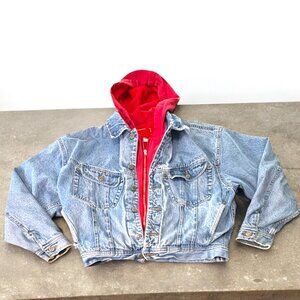 GAP Vintage Distressed Denim Jean Jacket Red Lining & Hood Light Size Medium